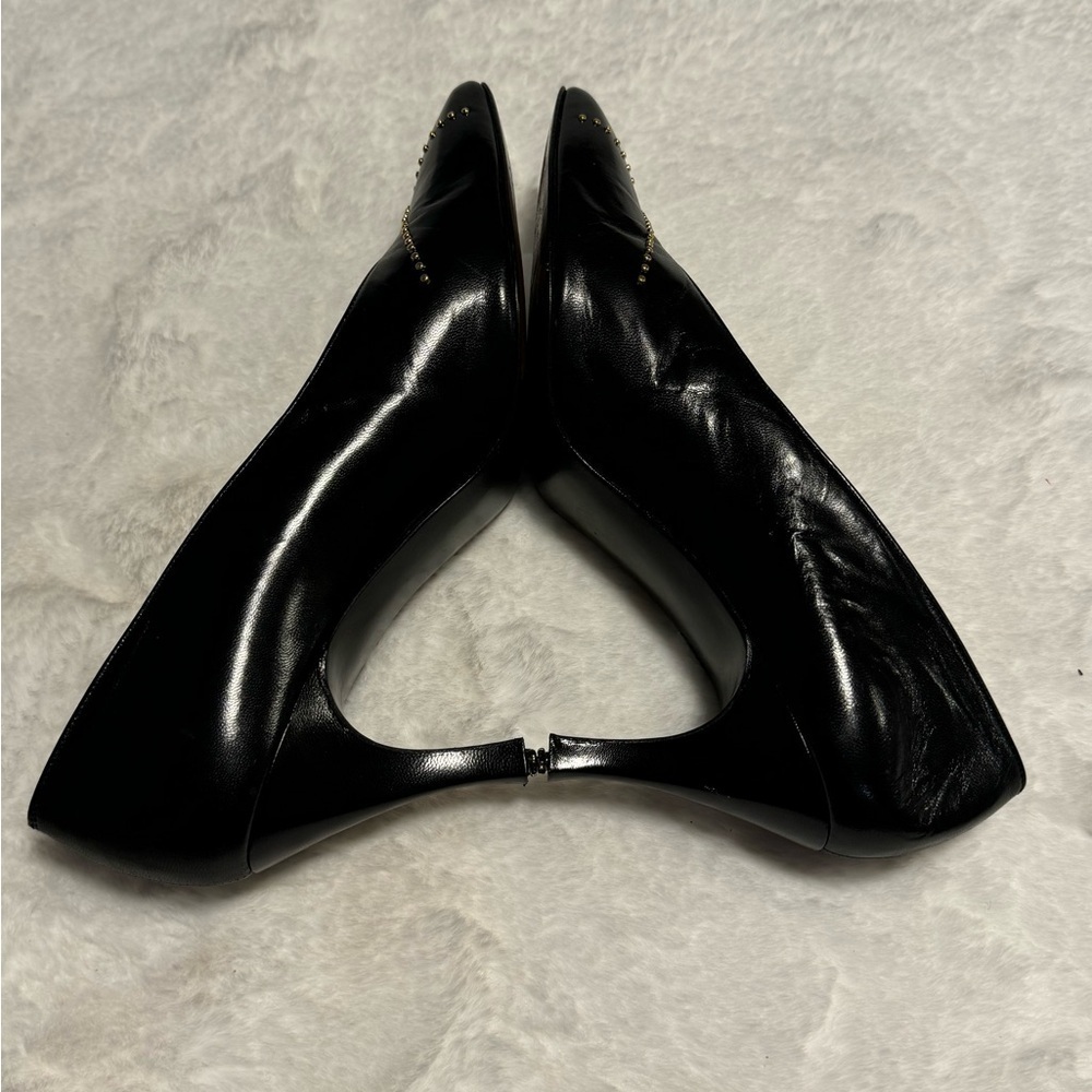 Vintage 80’s Stuart Weitzman Black Leather Gold Studded Heels Pumps Avante Garde - Picture 12 of 16